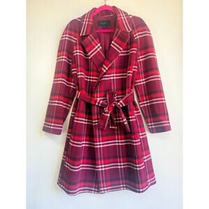Ann Taylor Plaid Coat Dress Women's Medium Red Belted Trench Style Jacket